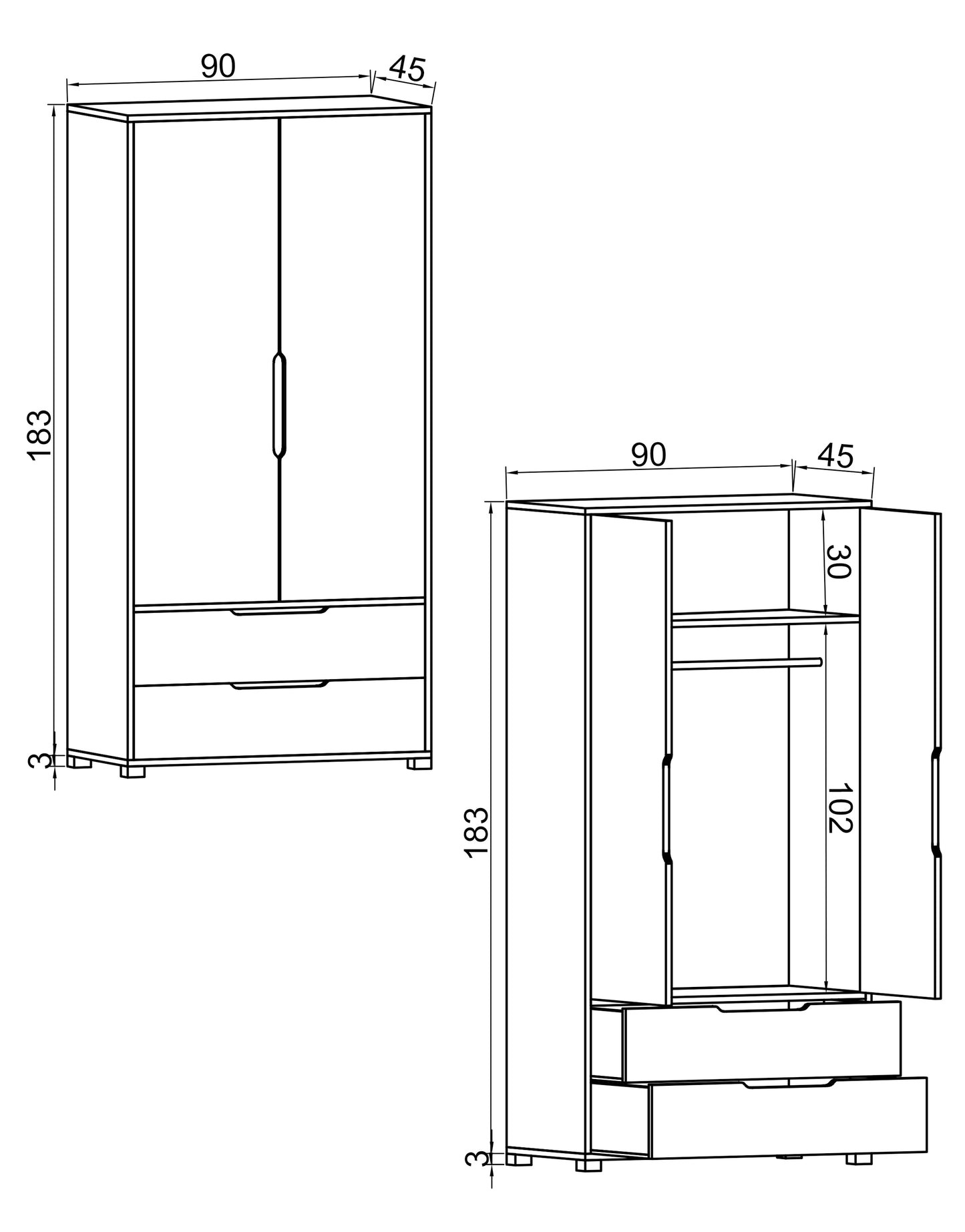 Flora 2 Kapaklı 2 Çekmeceli Gardırop Safir Meşe - Antrasit Elbise Dolabı