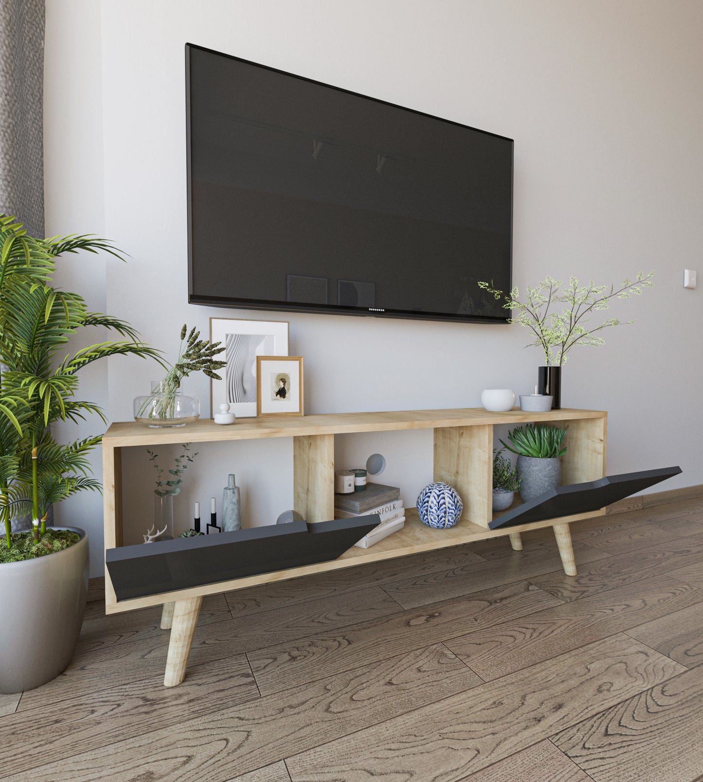 Siena Ahşap Ayaklı Tv Ünitesi Safir Meşe-antrasit Televizyon Konsolu 140 Cm Ekonomik Modül Sehpa