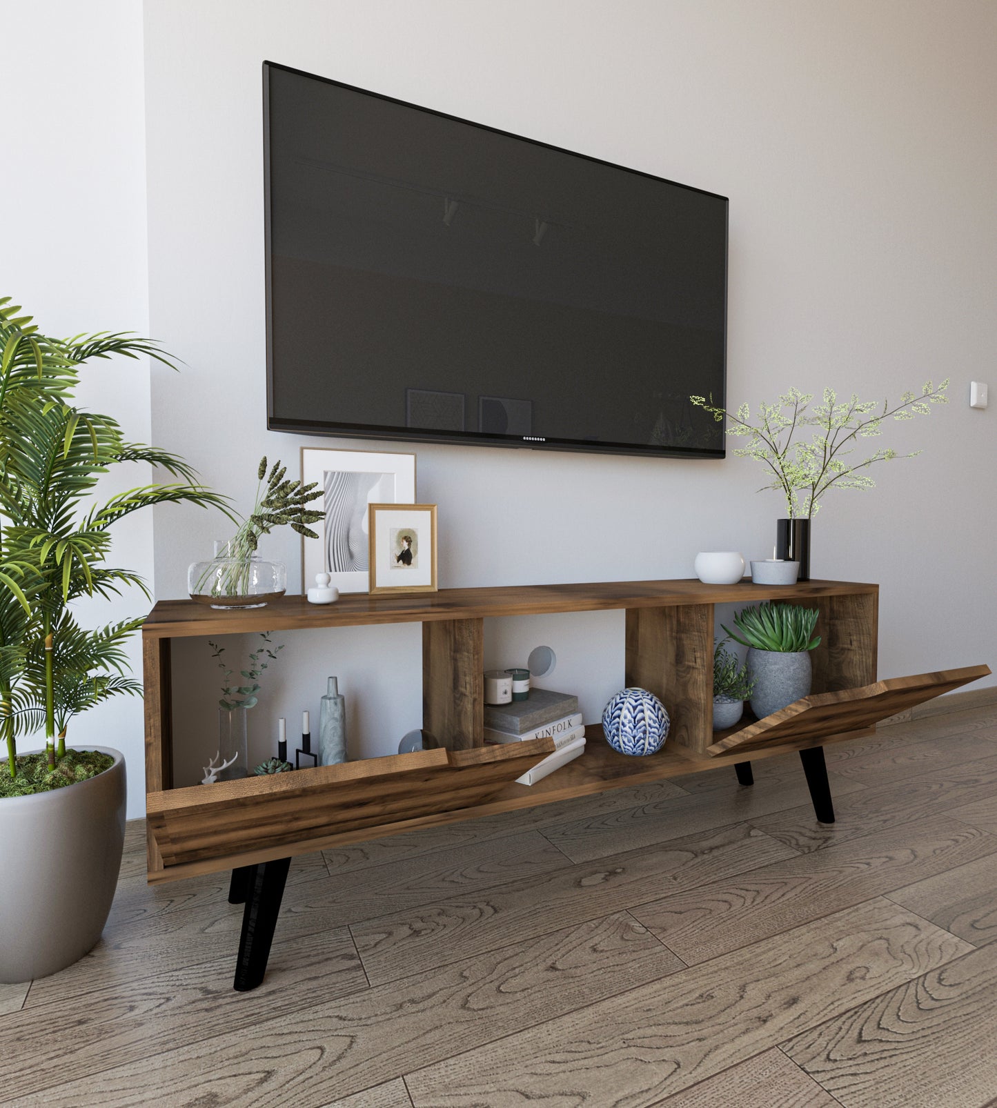 Siena Ahşap Ayaklı Tv Ünitesi Ceviz Televizyon Konsolu 140 Cm Ekonomik Modül Sehpa