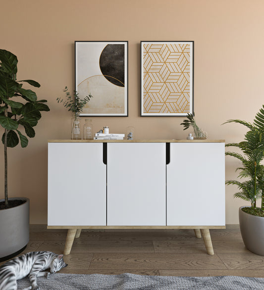 K-201 Verona 120 Cm Konsol, Kahve Köşesi, Tv Ünitesi, Çok Amaçlı Ahşap Ayaklı Konsol Safir Meşe-beyaz