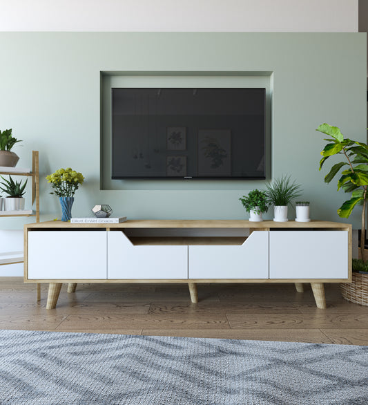 Roma Ahşap Ayaklı Tv Ünitesi Tv Sehpası Safir Meşe - Beyaz
