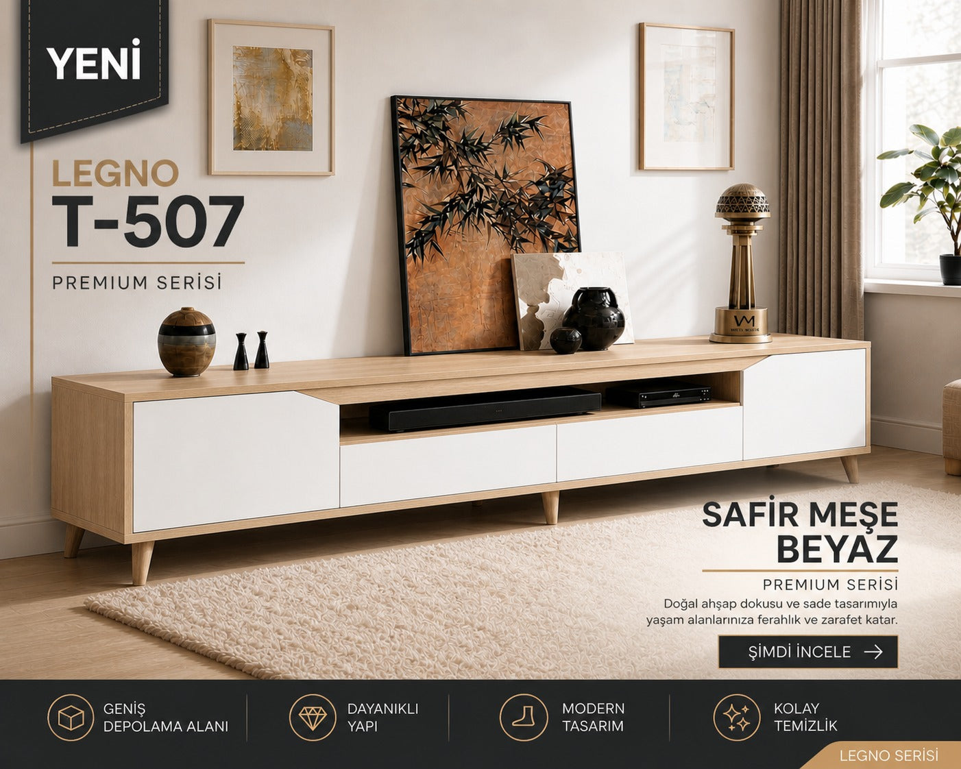 Legno Premium 180cm Modern Tv Ünitesi Safir Meşe-Beyaz