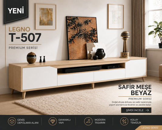 Legno Premium 180cm Modern Tv Ünitesi Safir Meşe-Beyaz
