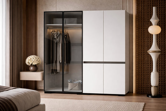 G-1203 Floransa Alüminyum Cam Kapak-Düz Kapak 4 Kapılı Beyaz Antrasit Çok Raflı Gardır