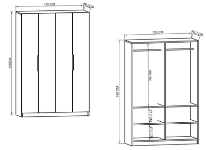Monza 4 Kapılı Beyaz Gardırop Dolap 120 Cm Vm30, 180 Cm