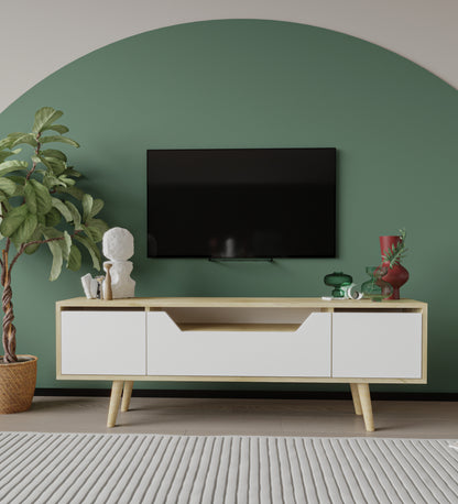 Roma Ahşap Ayaklı Tv Ünitesi Tv Sehpası Safir Meşe-Beyaz 150 Cm (T-201)