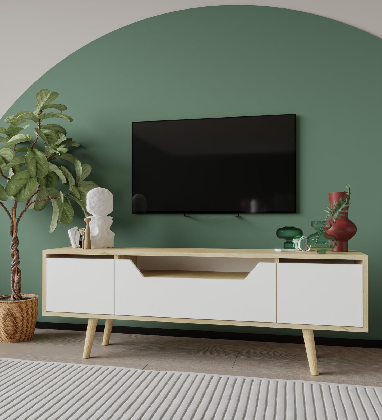 Roma Ahşap Ayaklı Tv Ünitesi Tv Sehpası Safir Meşe-Beyaz 150 Cm