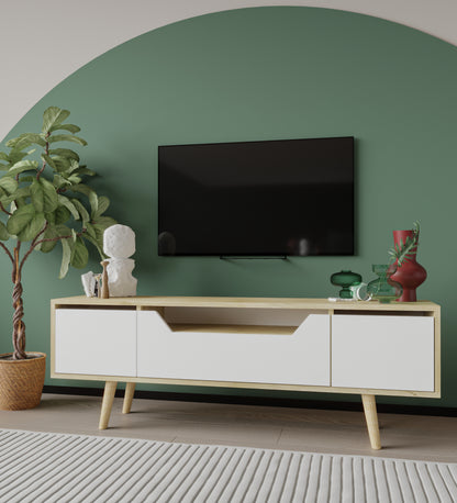Roma Ahşap Ayaklı Tv Ünitesi Tv Sehpası Safir Meşe-Beyaz 150 Cm (T-201)
