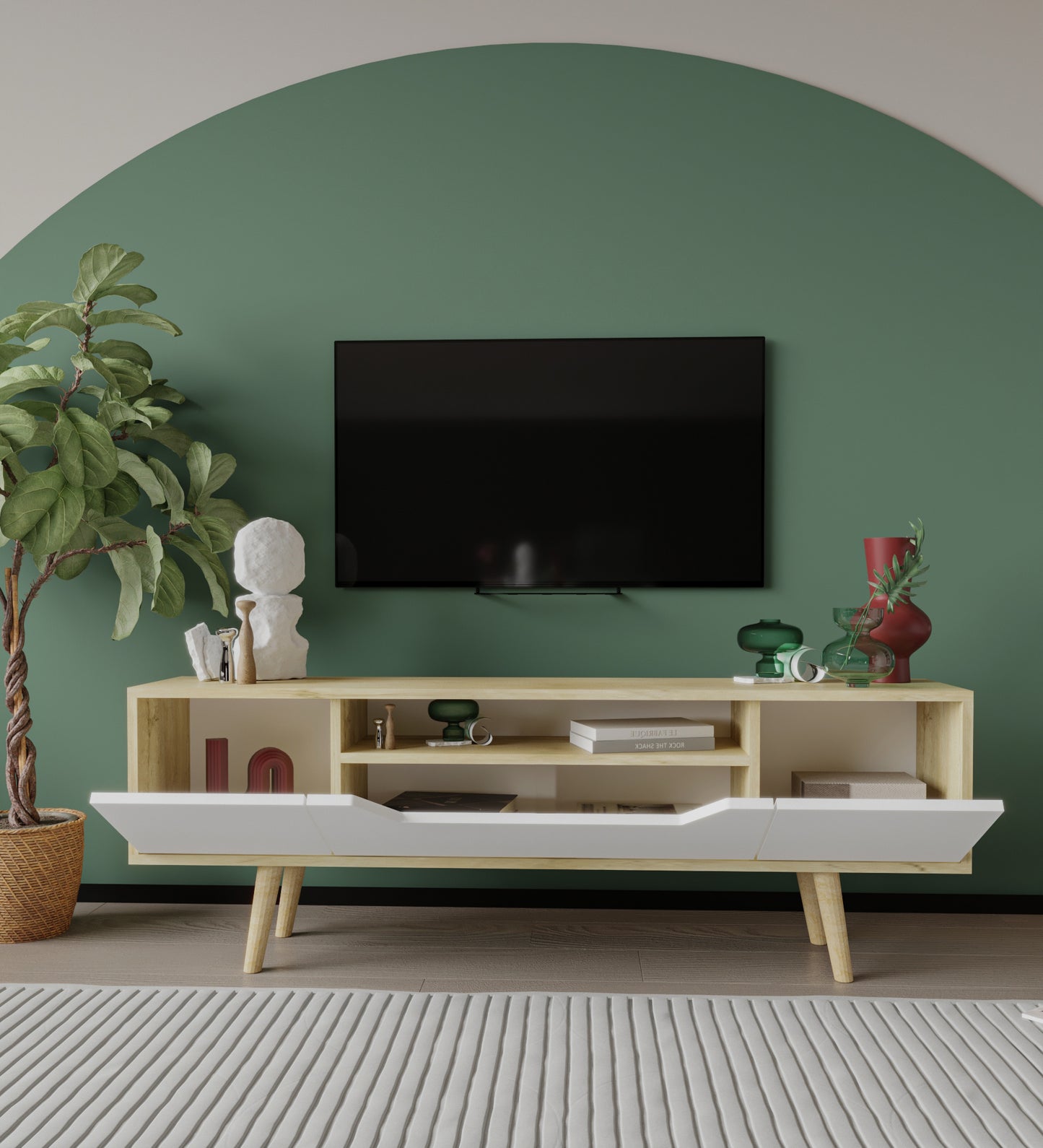 Roma Ahşap Ayaklı Tv Ünitesi Tv Sehpası Safir Meşe-Beyaz 150 Cm