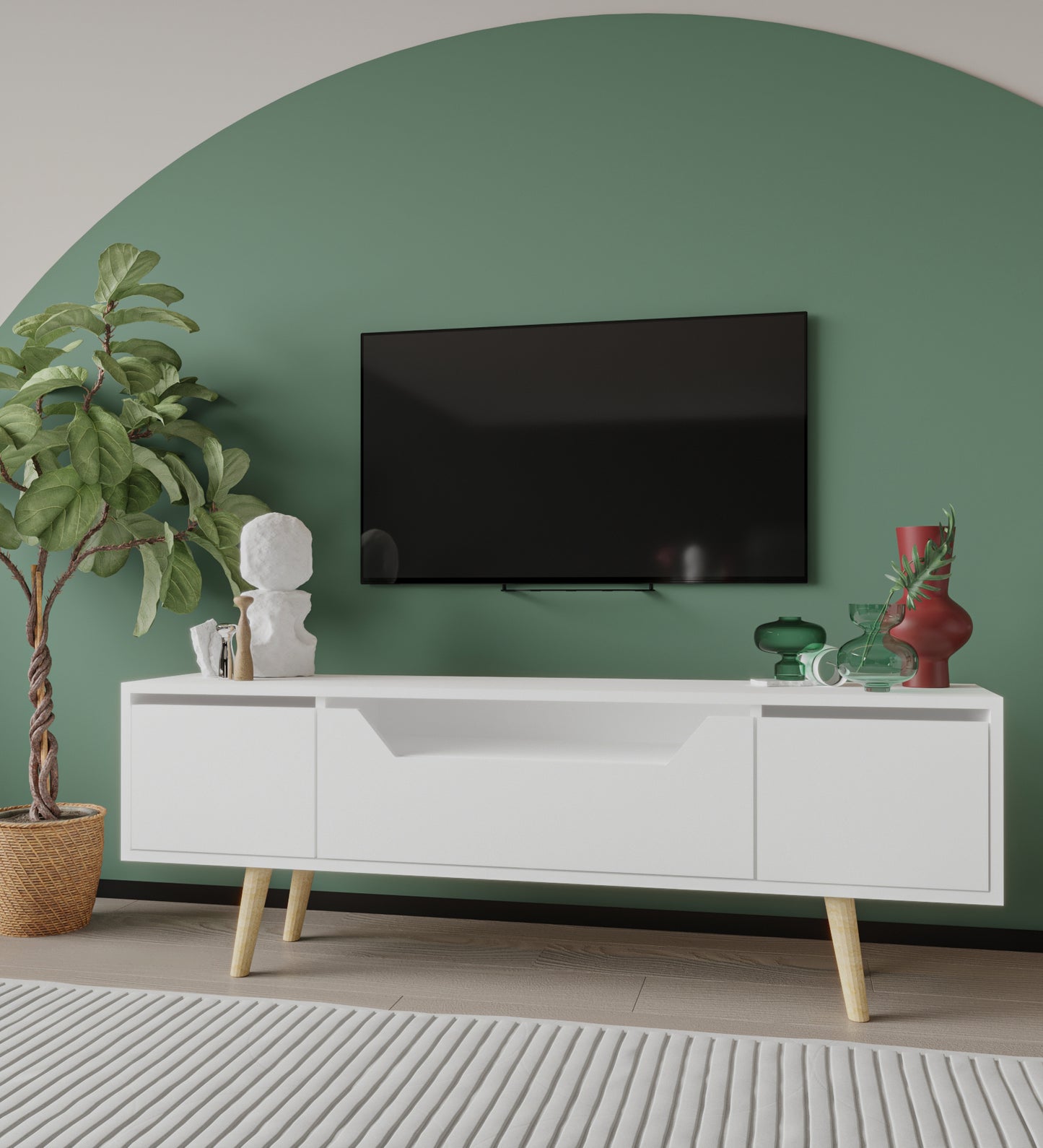 Roma Ahşap Ayaklı Tv Ünitesi Tv Sehpası Beyaz 150 Cm