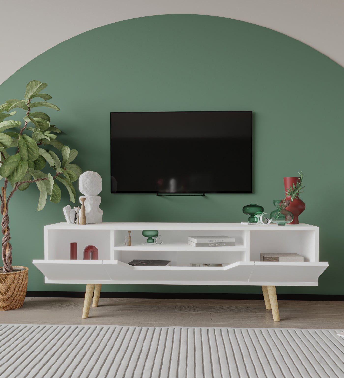 Roma Ahşap Ayaklı Tv Ünitesi Tv Sehpası Beyaz 150 Cm