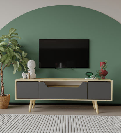 T-204 Roma Ahşap Ayaklı Tv Ünitesi Tv Sehpası Safir Meşe - Antrasit 150 Cm