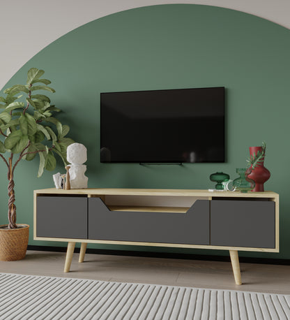 T-204 Roma Ahşap Ayaklı Tv Ünitesi Tv Sehpası Safir Meşe - Antrasit 150 Cm