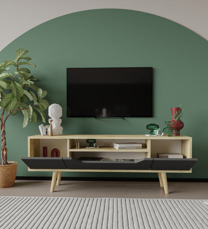 T-204 Roma Ahşap Ayaklı Tv Ünitesi Tv Sehpası Safir Meşe - Antrasit 150 Cm