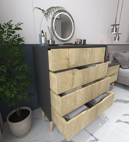 Flora Şifonyer 4 Çekmeceli Yatak Odası Bebek Odası Antrasit-Safir Meşe