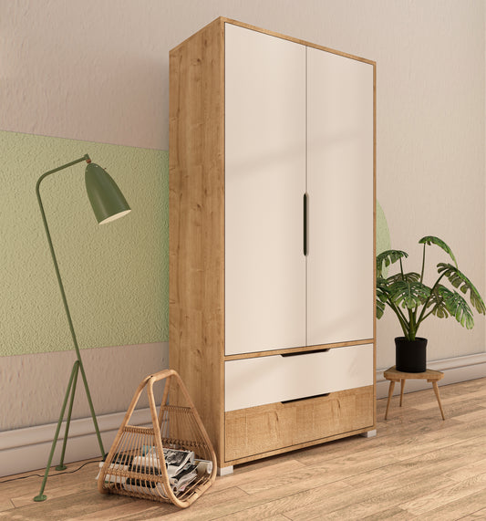 Flora 2 Kapaklı 2 Çekmeceli Gardırop Safir Meşe - Beyaz Elbise Dolabı