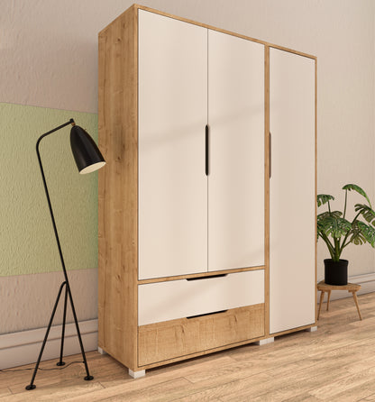 Flora 3 Kapaklı 2 Çekmeceli Gardırop Safir Meşe - Beyaz Elbise Dolabı