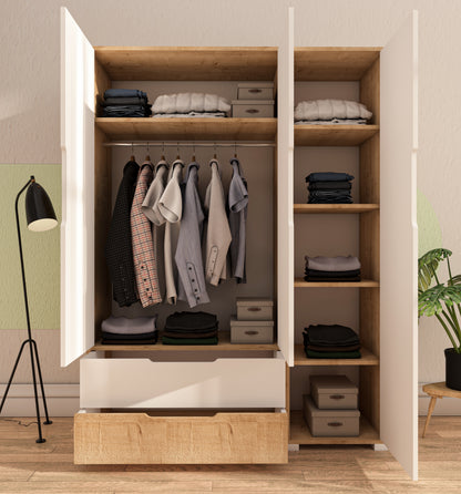 Flora 3 Kapaklı 2 Çekmeceli Gardırop Safir Meşe - Beyaz Elbise Dolabı