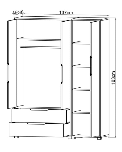 Flora 3 Kapaklı 2 Çekmeceli Gardırop Safir Meşe - Beyaz Elbise Dolabı