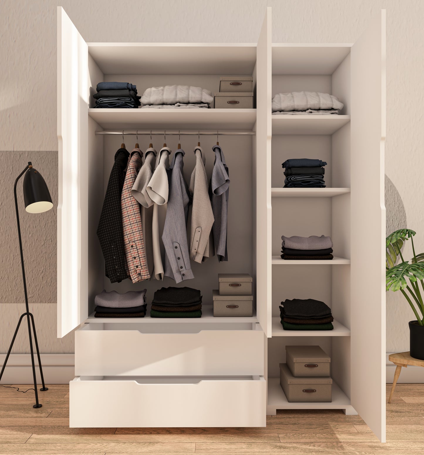 Flora 3 Kapaklı 2 Çekmeceli Gardırop Beyaz Elbise Dolabı
