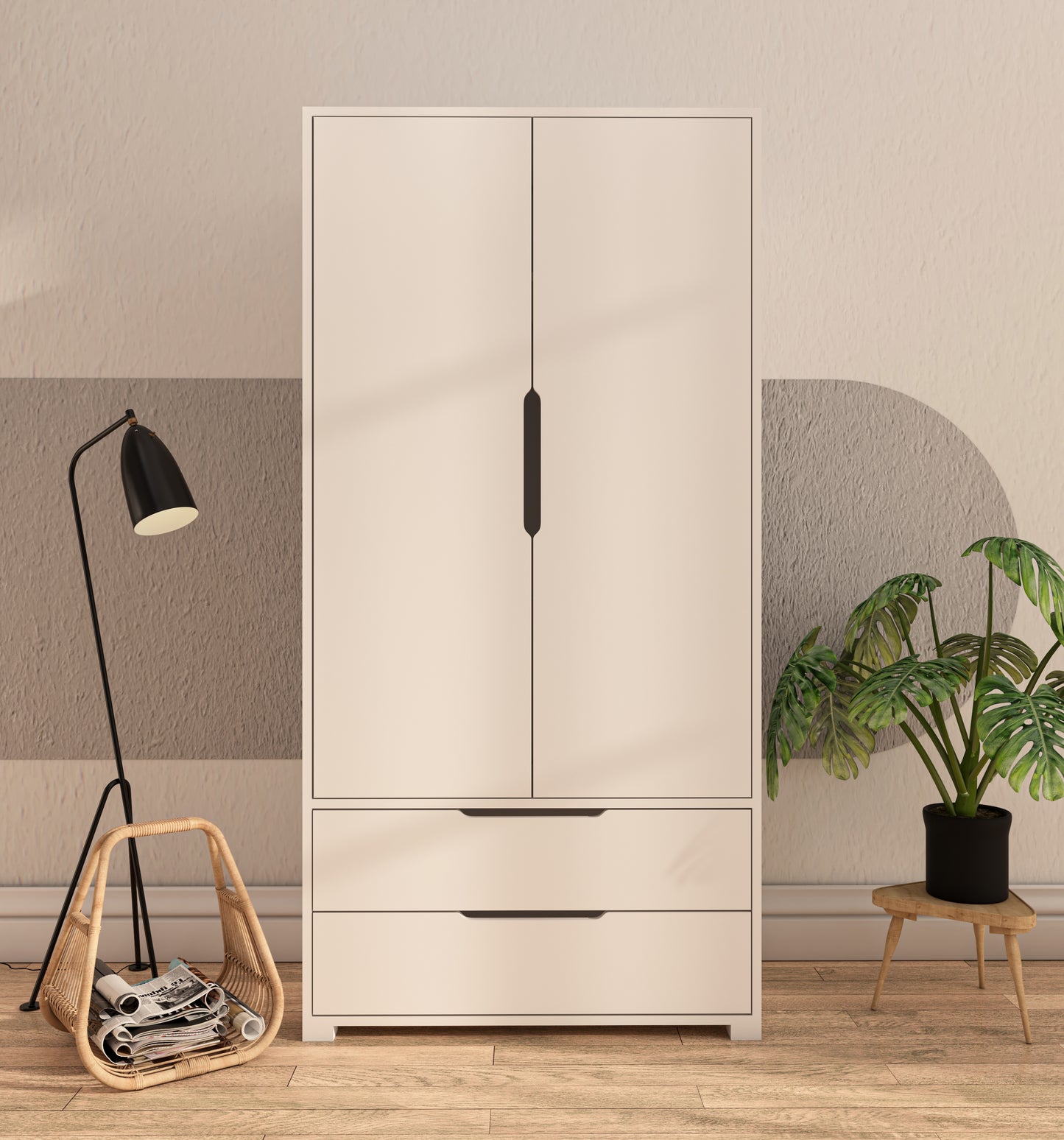 Flora 2 Kapaklı 2 Çekmeceli Gardırop Beyaz Elbise Dolabı