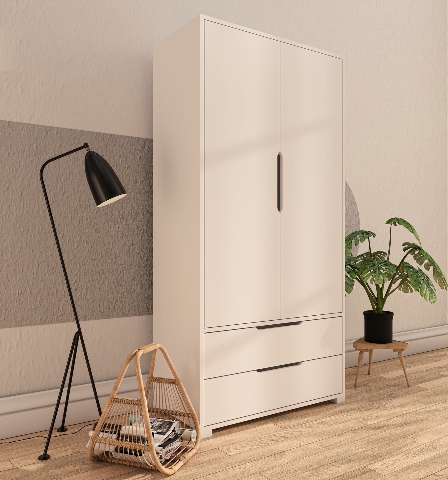 Flora 2 Kapaklı 2 Çekmeceli Gardırop Beyaz Elbise Dolabı