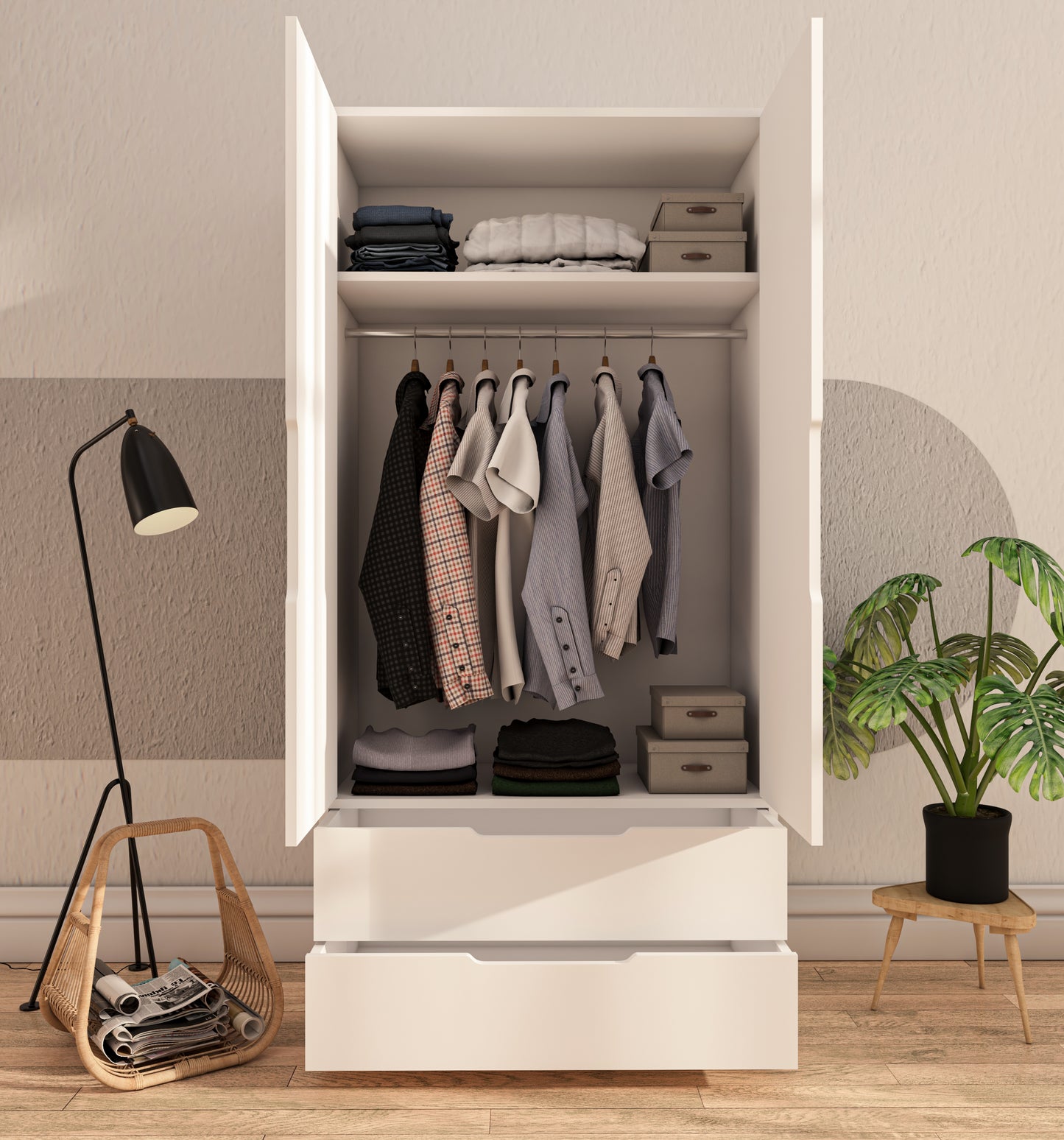 Flora 2 Kapaklı 2 Çekmeceli Gardırop Beyaz Elbise Dolabı