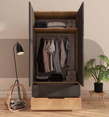 Flora 2 Kapaklı 2 Çekmeceli Gardırop Safir Meşe - Antrasit Elbise Dolabı