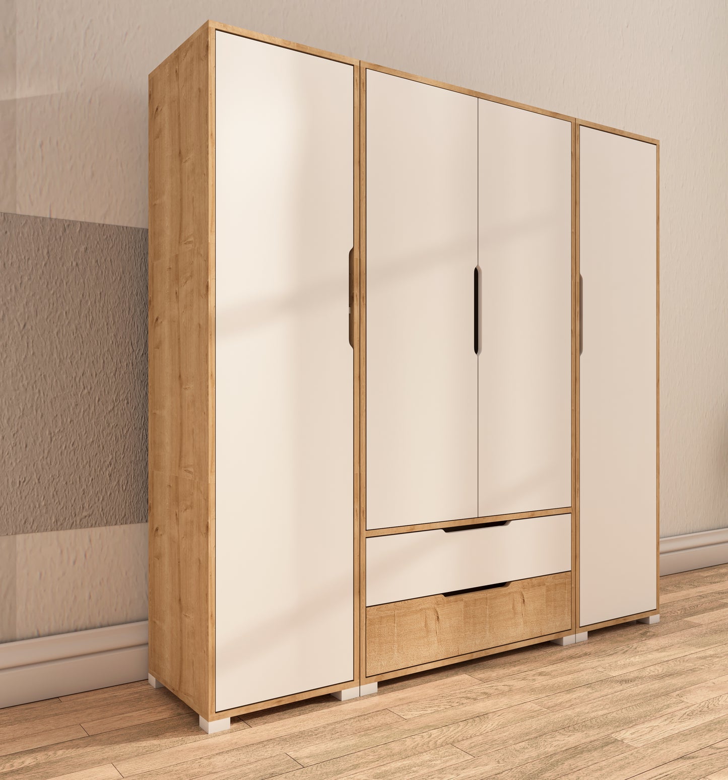 Flora 4 Kapaklı 2 Çekmeceli Gardırop Beyaz Elbise Dolabı