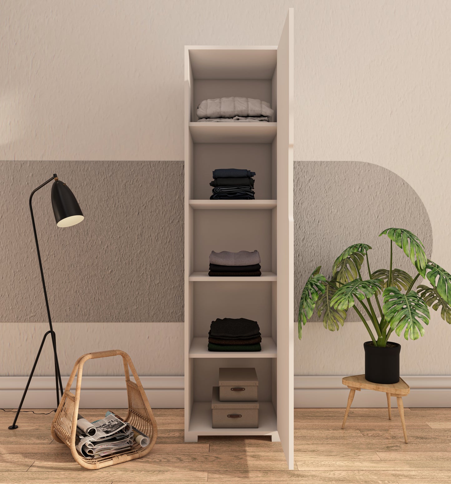 Flora 1 Kapaklı 5 Raflı Gardırop Safir Meşe - Beyaz Elbise Dolabı