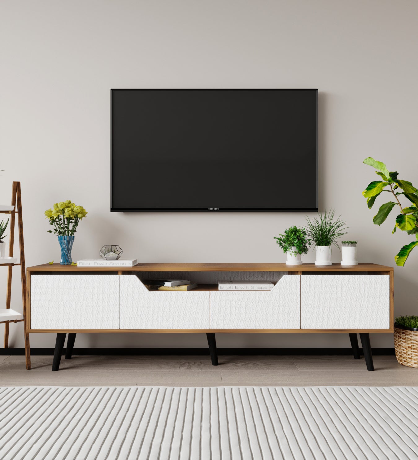 Roma Ahşap Ayaklı Tv Ünitesi Tv Sehpası Ceviz-Beyaz