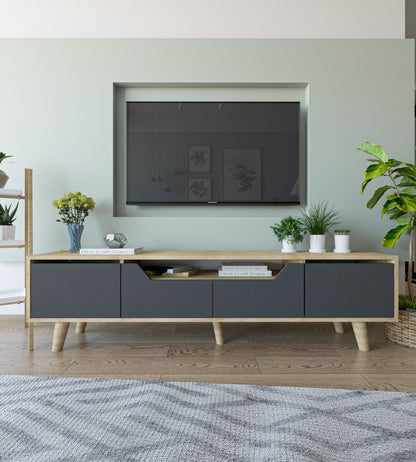Roma Ahşap Ayaklı Tv Ünitesi Tv Sehpası Safir Meşe - Antrasit
