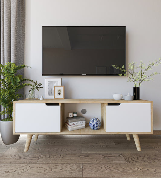 Siena Ahşap Ayaklı Tv Ünitesi Safir Meşe-beyaz Televizyon Konsolu 140 Cm Ekonomik Modül Sehpa