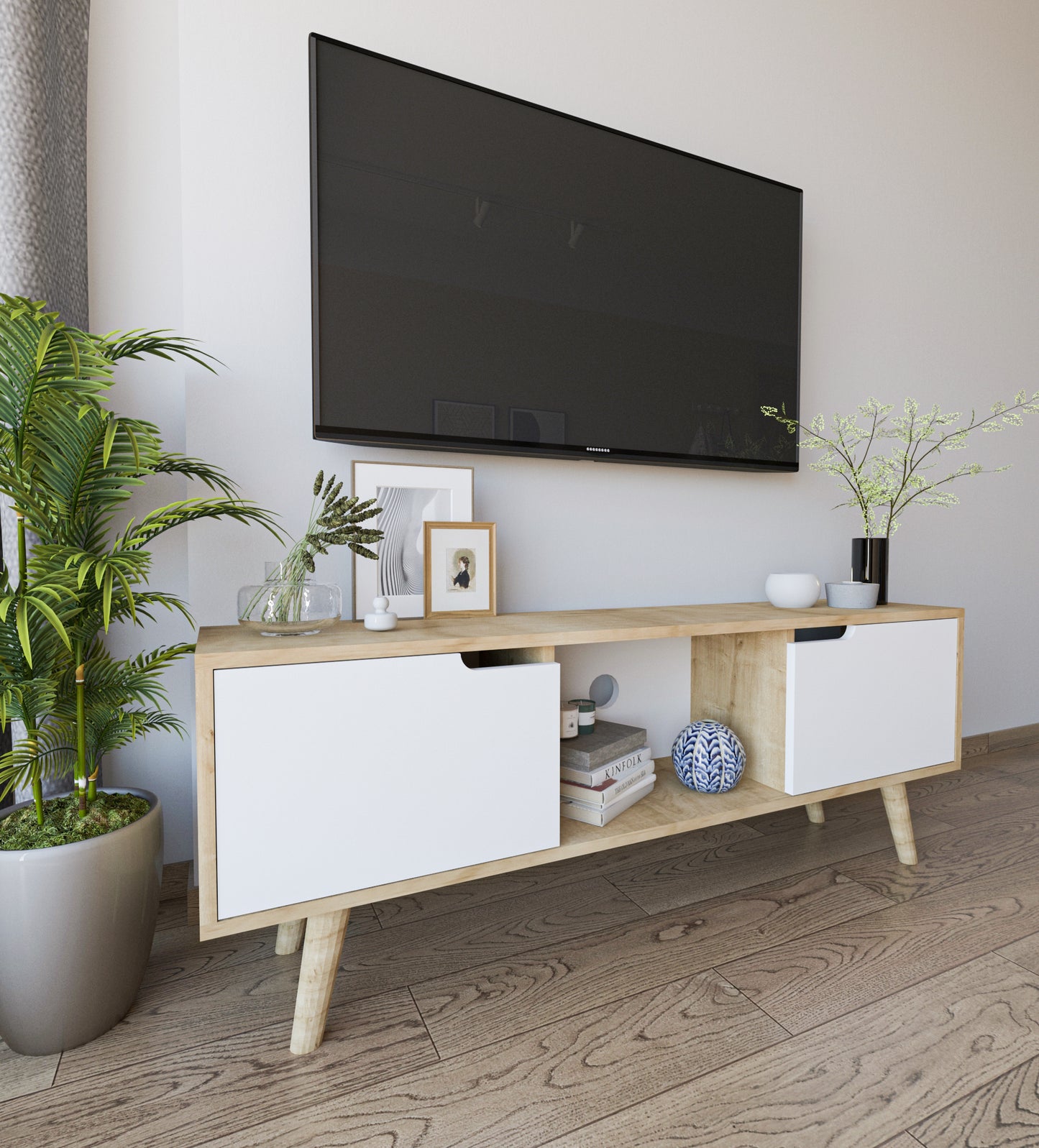 Siena Ahşap Ayaklı Tv Ünitesi Safir Meşe-beyaz Televizyon Konsolu 140 Cm Ekonomik Modül Sehpa
