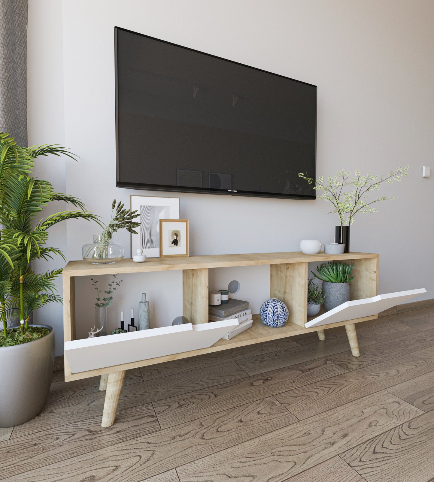 Siena Ahşap Ayaklı Tv Ünitesi Safir Meşe-beyaz Televizyon Konsolu 140 Cm Ekonomik Modül Sehpa