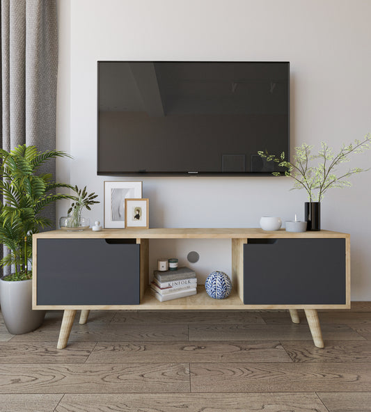 Siena Ahşap Ayaklı Tv Ünitesi Safir Meşe-antrasit Televizyon Konsolu 140 Cm Ekonomik Modül Sehpa