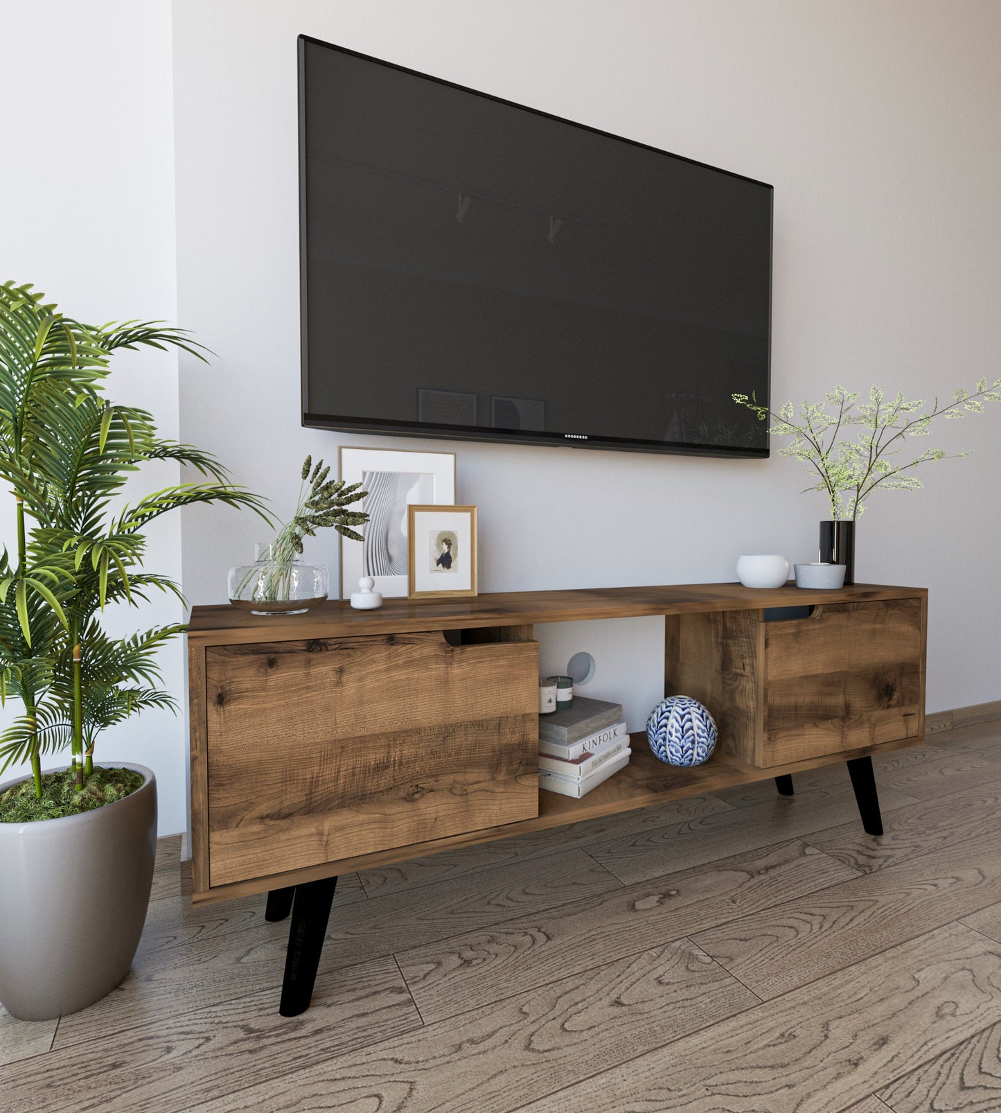 Siena Ahşap Ayaklı Tv Ünitesi Ceviz Televizyon Konsolu 140 Cm Ekonomik Modül Sehpa