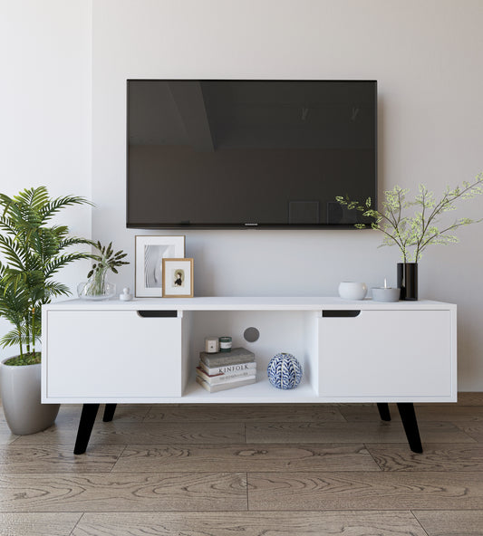 Siena Ahşap Ayaklı Tv Ünitesi Beyaz Televizyon Konsolu 140 Cm Ekonomik Modül Sehpa