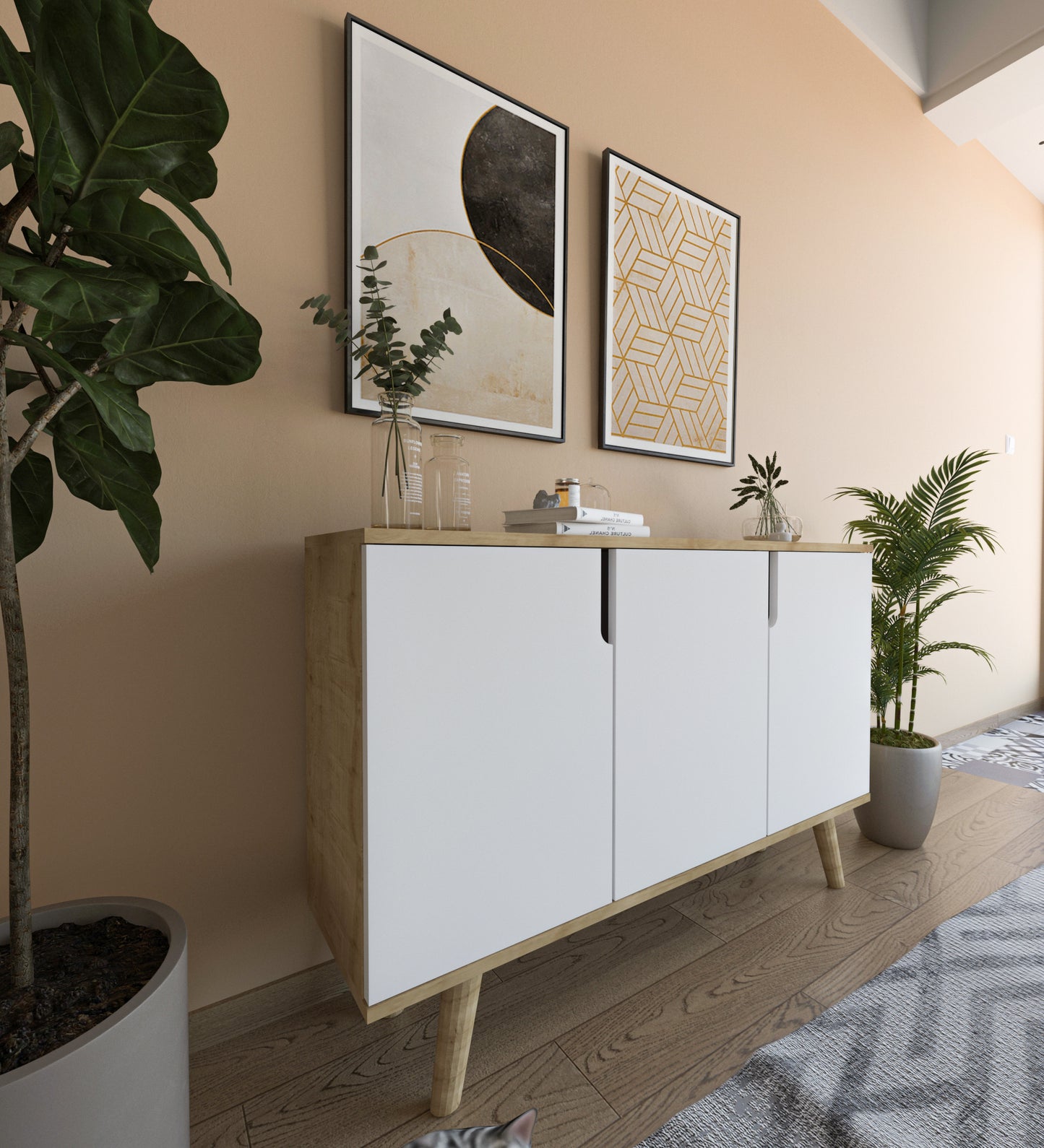 Verona 120 Cm Konsol, Kahve Köşesi, Tv Ünitesi, Çok Amaçlı Ahşap Ayaklı Konsol Safir Meşe-beyaz