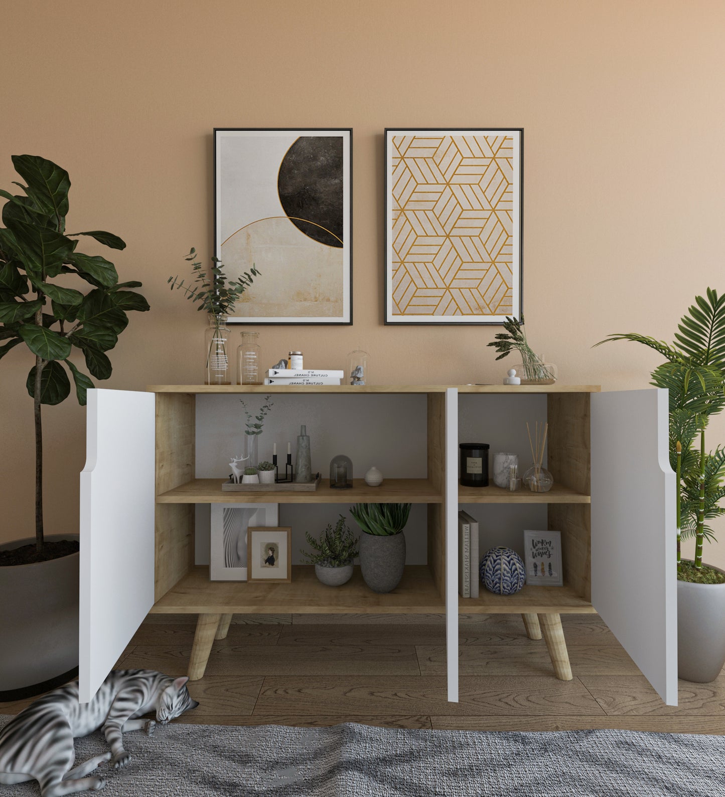 Verona 120 Cm Konsol, Kahve Köşesi, Tv Ünitesi, Çok Amaçlı Ahşap Ayaklı Konsol Safir Meşe-beyaz