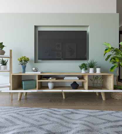 Roma Ahşap Ayaklı Tv Ünitesi Tv Sehpası Safir Meşe - Beyaz