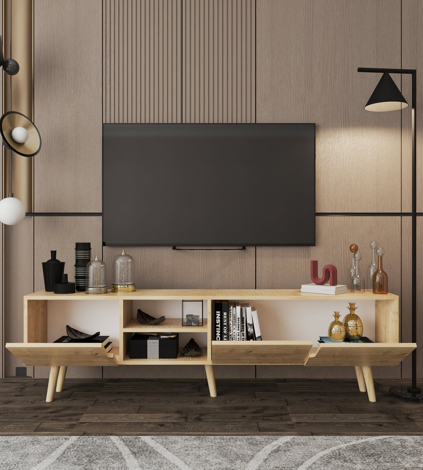 Latina Ahşap Ayaklı Tv Ünitesi Tv Sehpası 180 Cm Safir Meşe (T-502)