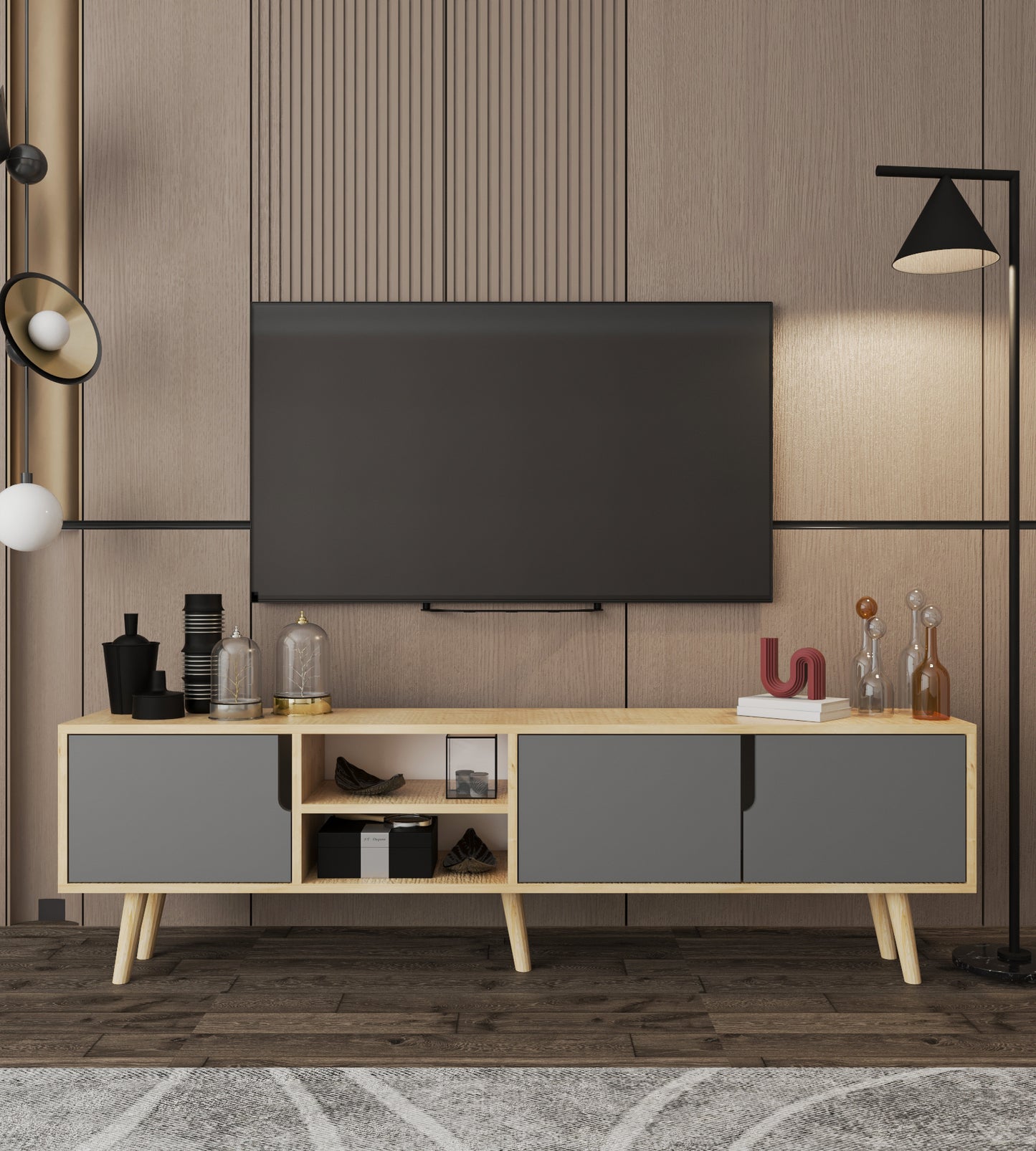 Latina Ahşap Ayaklı Tv Ünitesi Tv Sehpası 180 Cm Safir Meşe - Antrasit (T-504)