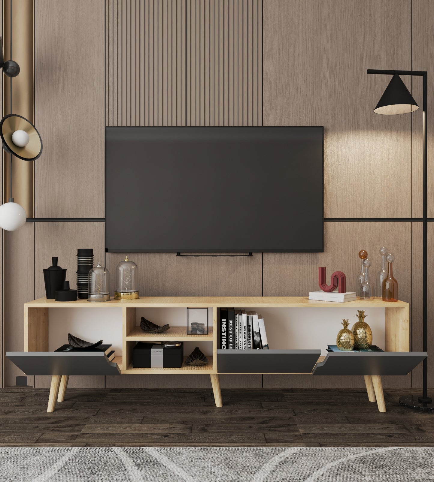 Latina Ahşap Ayaklı Tv Ünitesi Tv Sehpası 180 Cm Safir Meşe - Antrasit (T-504)