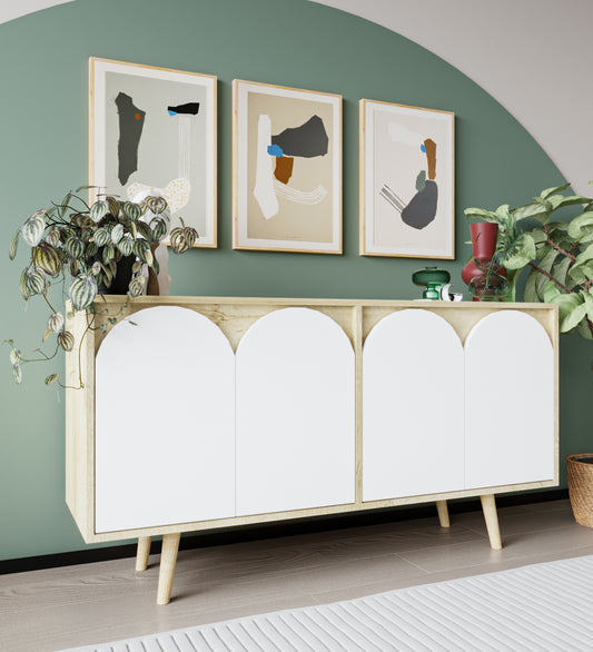 Venezia Ahşap Ayaklı Bohem Konsol Safir Meşe Gövde -Beyaz Kapak 150 Cm