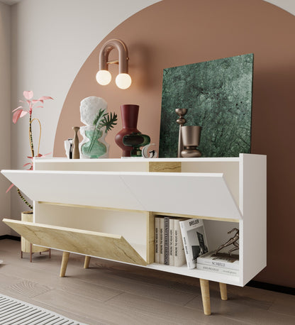 Milano Ahşap Ayaklı Modern Konsol 160 Cm Safir Meşe - Beyaz (K-302)