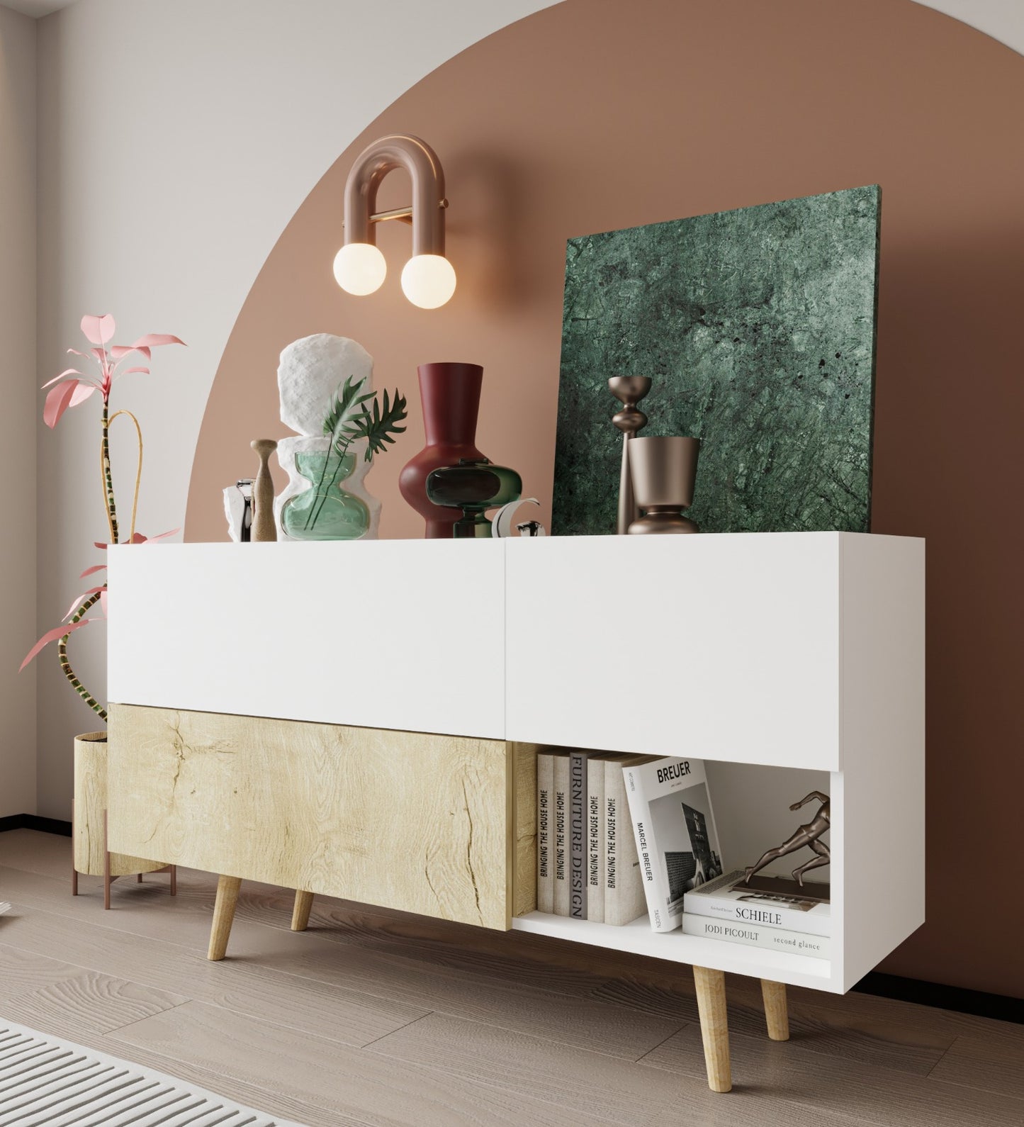 Milano Ahşap Ayaklı Modern Konsol 160 Cm Safir Meşe - Beyaz (K-302)