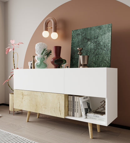 Milano Ahşap Ayaklı Modern Konsol 160 Cm Safir Meşe - Beyaz (K-302)