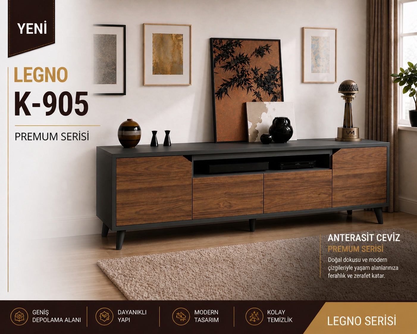 Legno Premium 180cm Konsol Ceviz-Antrasit