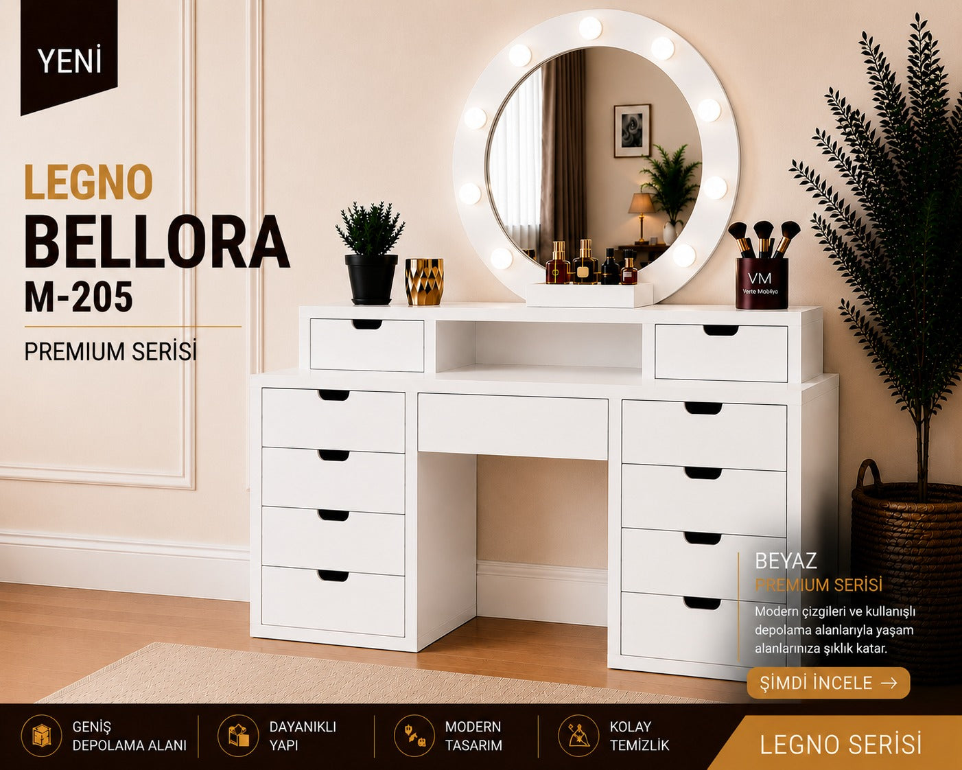 LEGNO BELLORA PREMIUM YUVARLAK AYNALI MAKYAJ MASASI